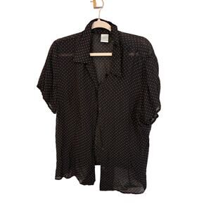 Emma James Shirt Size 18 Black Sheer Lined Short Sleeve Knit Top Polka Dot Retro